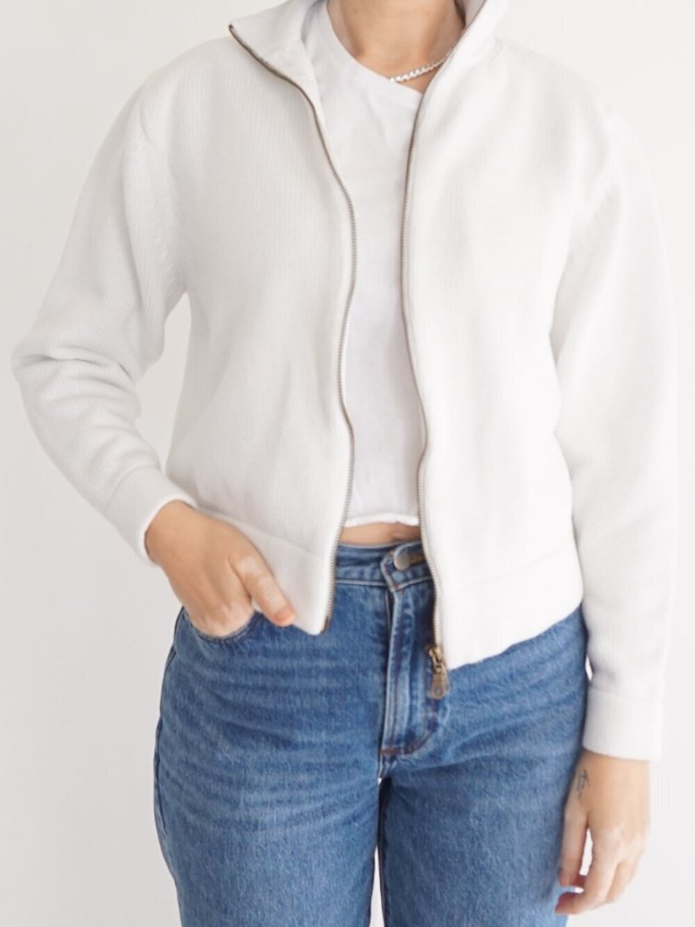 Vintage Somewhere White Solid Full Zip Mock Neck Tennis Country Club Sweater 16